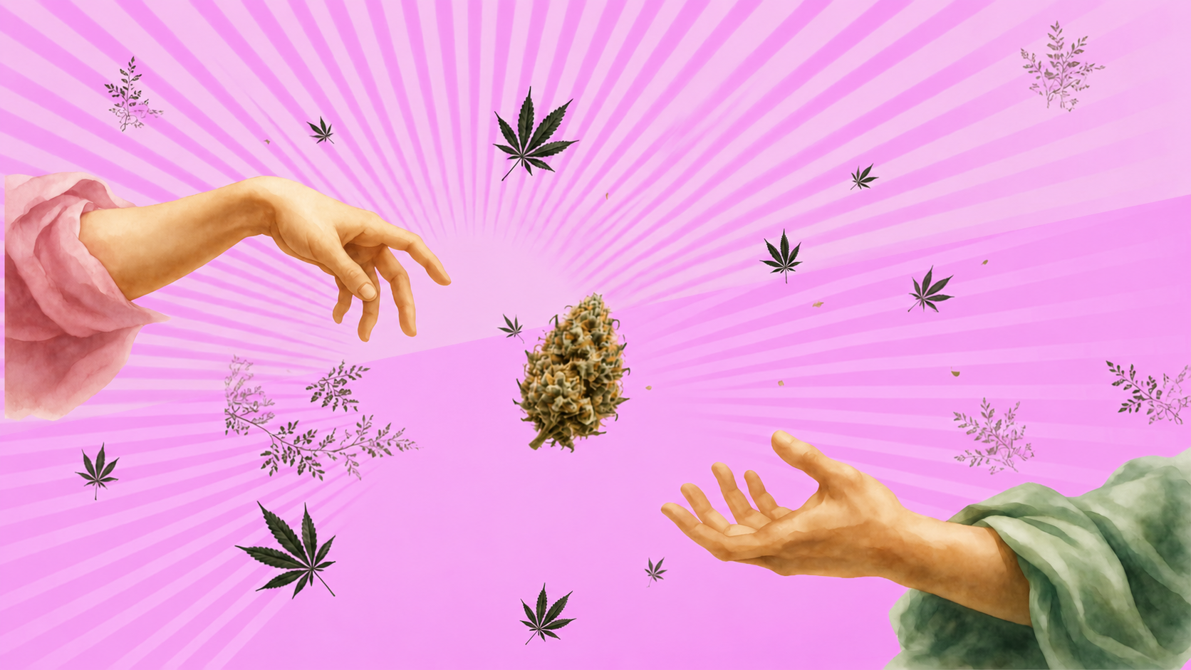 Due mani che afferrano un fiore di CBD che galleggia al centro, circondato da numerosi elementi di CBD su uno sfondo colorato.