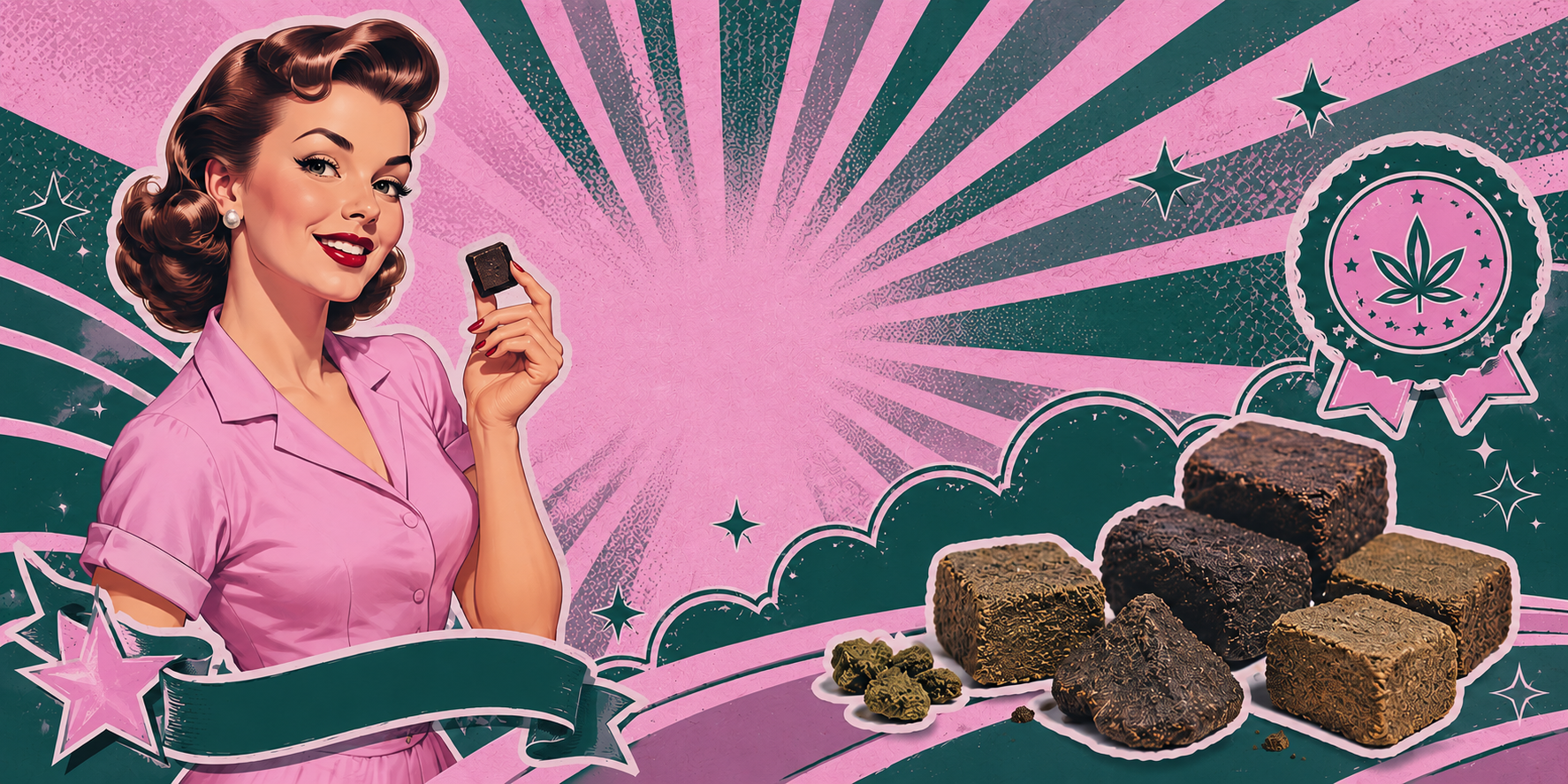 Eine Präsentation einer Harzkollektion vor rosa Hintergrund, mit einer Frau im Retro-Vintage-Illustrationsstil, die ein Harz wie Schokolade probiert, indem sie ein Stück mit beiden Händen hält und es an den Mund führt.
