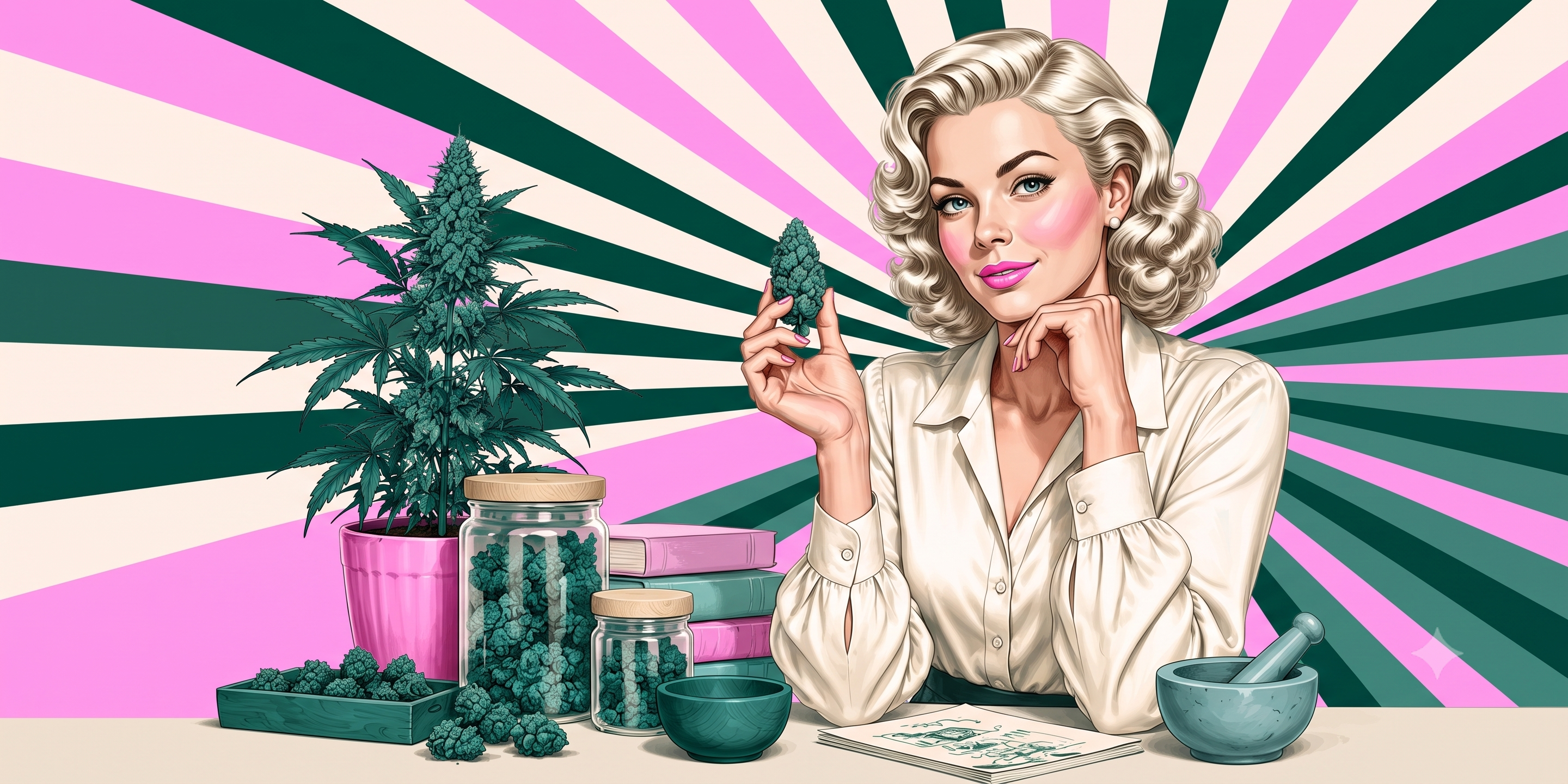 Une bannière de fleurs de CBD tenues par une femme dans un style illustration retro et vintage 