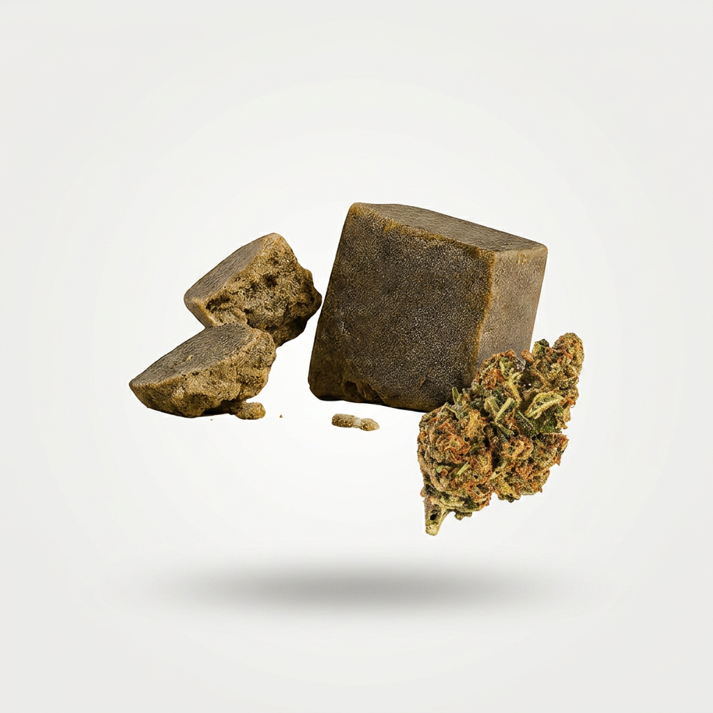 Une photo premium représentant de la résine et des fleurs de CBD sur un fond blanc, mettant en valeur la qualité et l’élégance des produits. Image