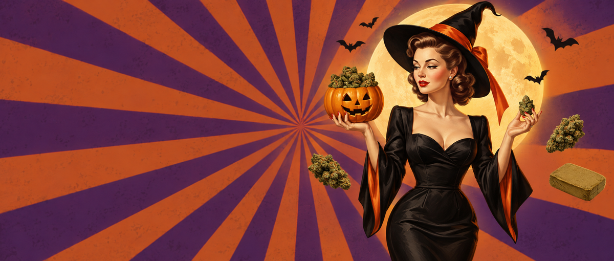 Une pin-up rétro déguisée en sorcière, tenant une citrouille remplie de fleurs CBD devant la pleine lune.