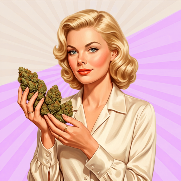ne femme tenant dans ses mains des fleurs de CBD sur un fond rose