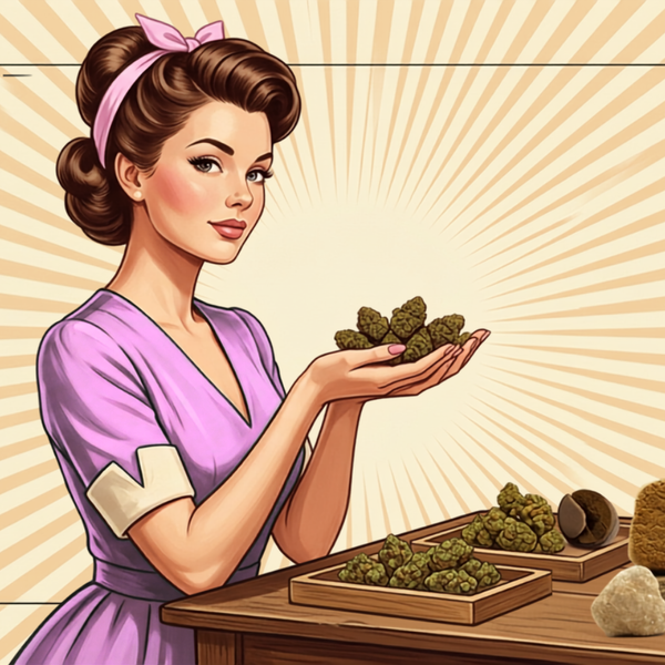ne femme tenant dans ses mains des fleurs de CBD sur un fond Beige et jaune