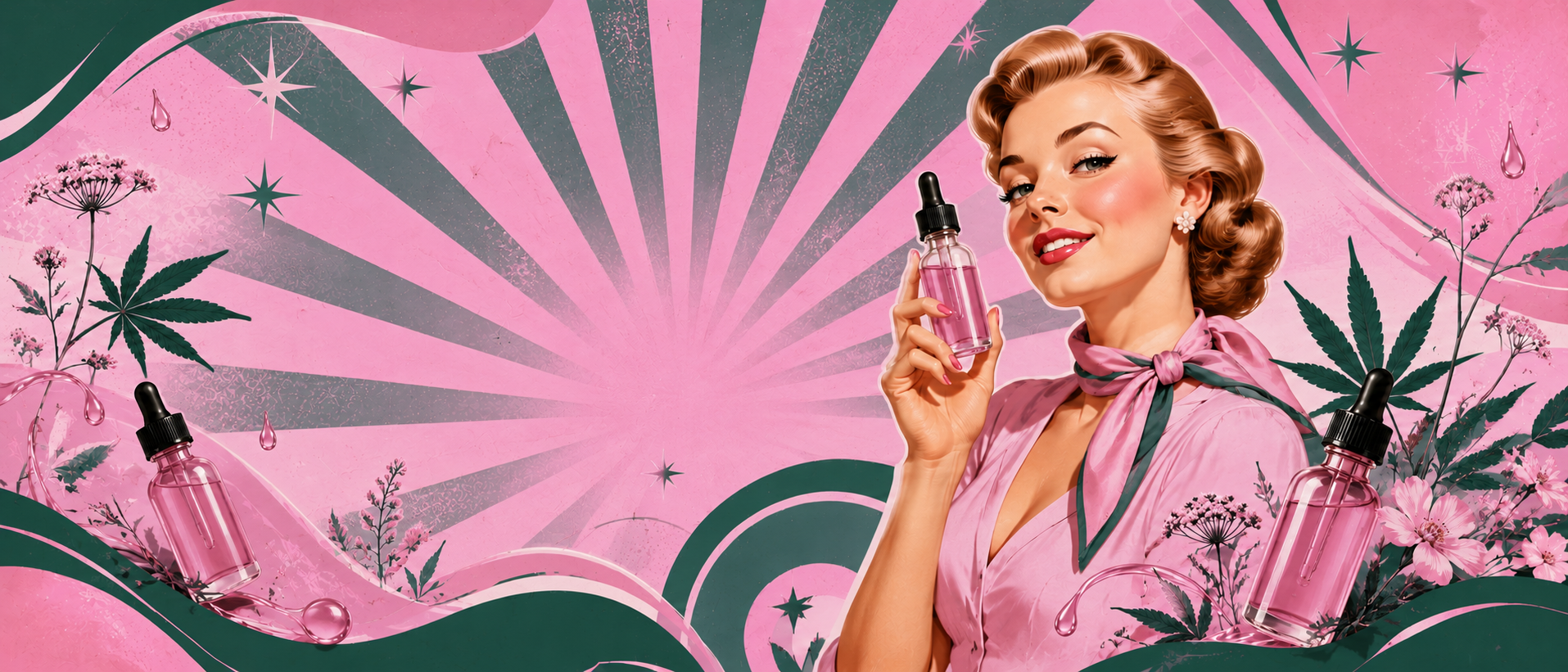 Una presentazione di una collezione di resine su uno sfondo rosa, con una donna in stile illustrazione retrò vintage che assaggia una resina come se fosse cioccolato, tenendone un pezzetto tra le mani e portandolo alla bocca.
