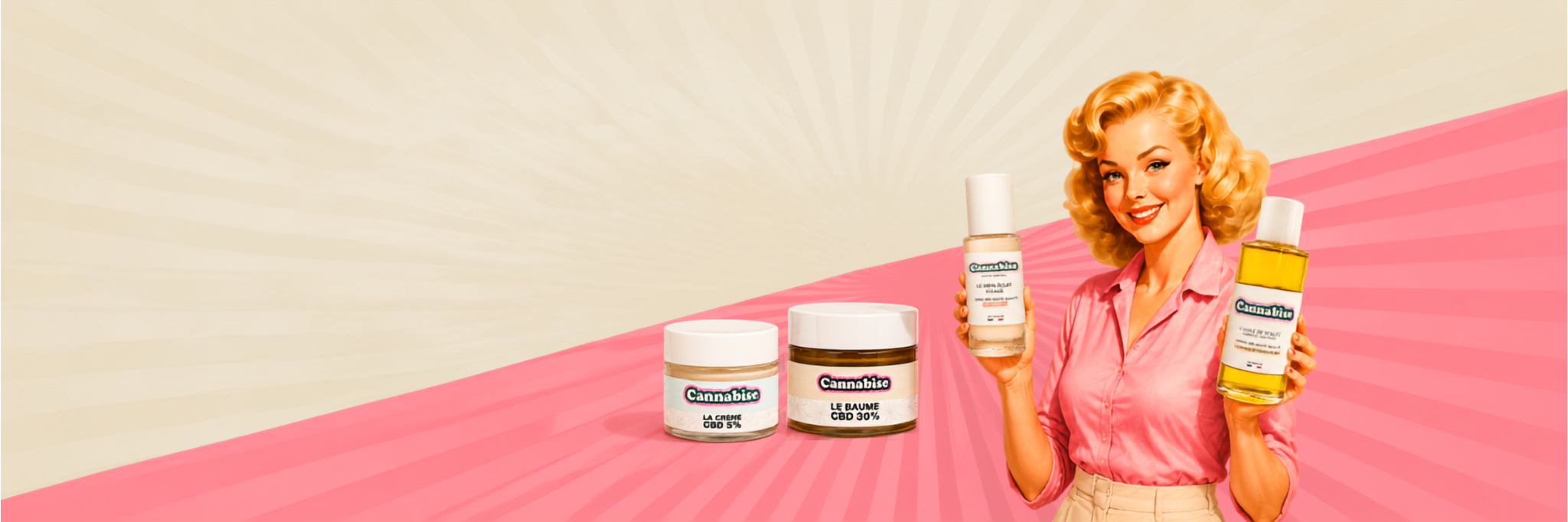 Une femme tient dans ses mains deux produits cosmétiques pour les présenter. À ses côtés se trouvent les autres produits de la gamme, disposés sur un fond rose et beige afin de mettre en valeur les produits cosmétiques.